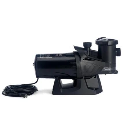 Side view of the Carvin SharkJet Canada inground pool pump showing the strainer housing, motor body, mounting base, and power cord