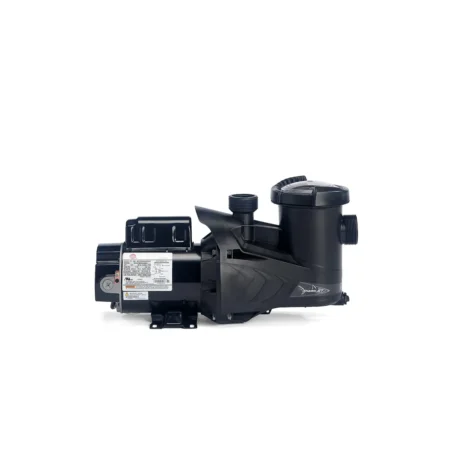 Side view of the Carvin SharkJet USA inground pool pump showing the strainer housing, threaded ports, reinforced body, motor unit, and mounting base