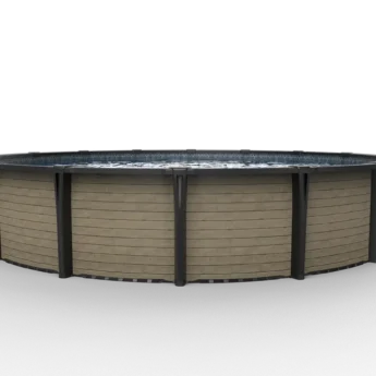 Carvin Diamond Country round above-ground pool with sand-colored horizontal wood slat finish – piscine hors terre ronde à fini lattes de bois horizontal couleur sable