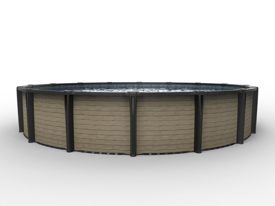 Carvin Diamond Country round above-ground pool with sand-colored horizontal wood slat finish – piscine hors terre ronde à fini lattes de bois horizontal couleur sable