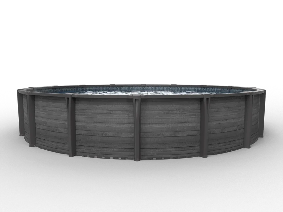 Carvin Diamond Downtown round above-ground pool with dark grey wood finish – piscine hors terre ronde à fini bois gris foncé