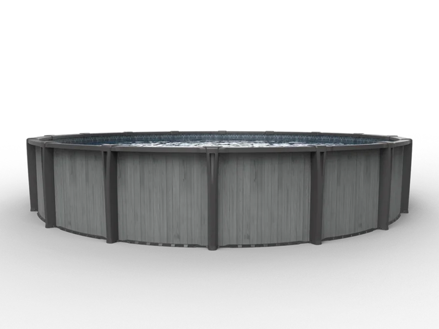 Carvin Diamond Montana round above-ground pool with light grey wood finish – piscine hors terre ronde à fini bois gris clair