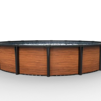 Carvin Diamond Redwood Black round above-ground pool with red wood finish and black structure – piscine hors terre ronde à fini bois rouge avec structure noire