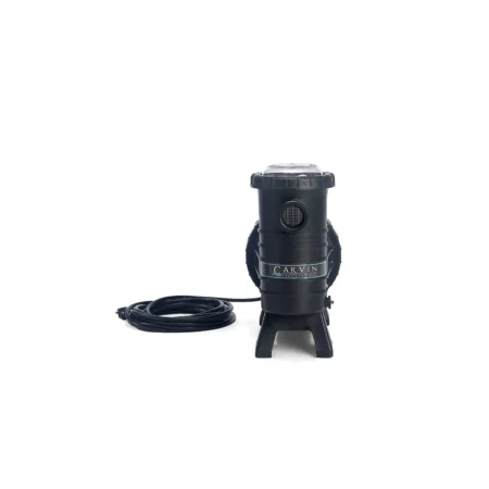 Carvin Dominator above-ground pool pump shown from the front the power cord visible.
