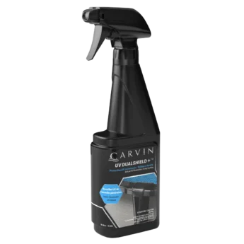 Carvin DualShield UV protectant spray bottle angled view for above ground pool surface protection