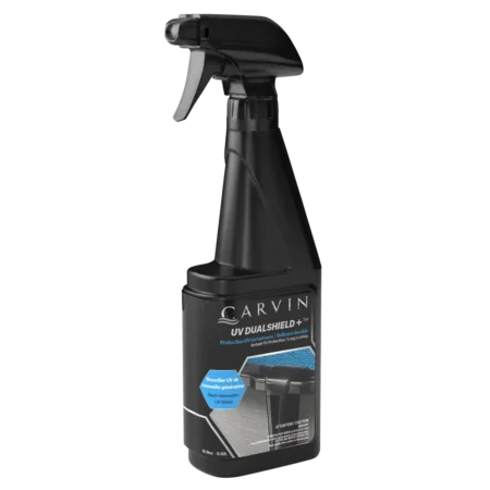 Carvin DualShield UV protectant spray bottle angled view for above ground pool surface protection
