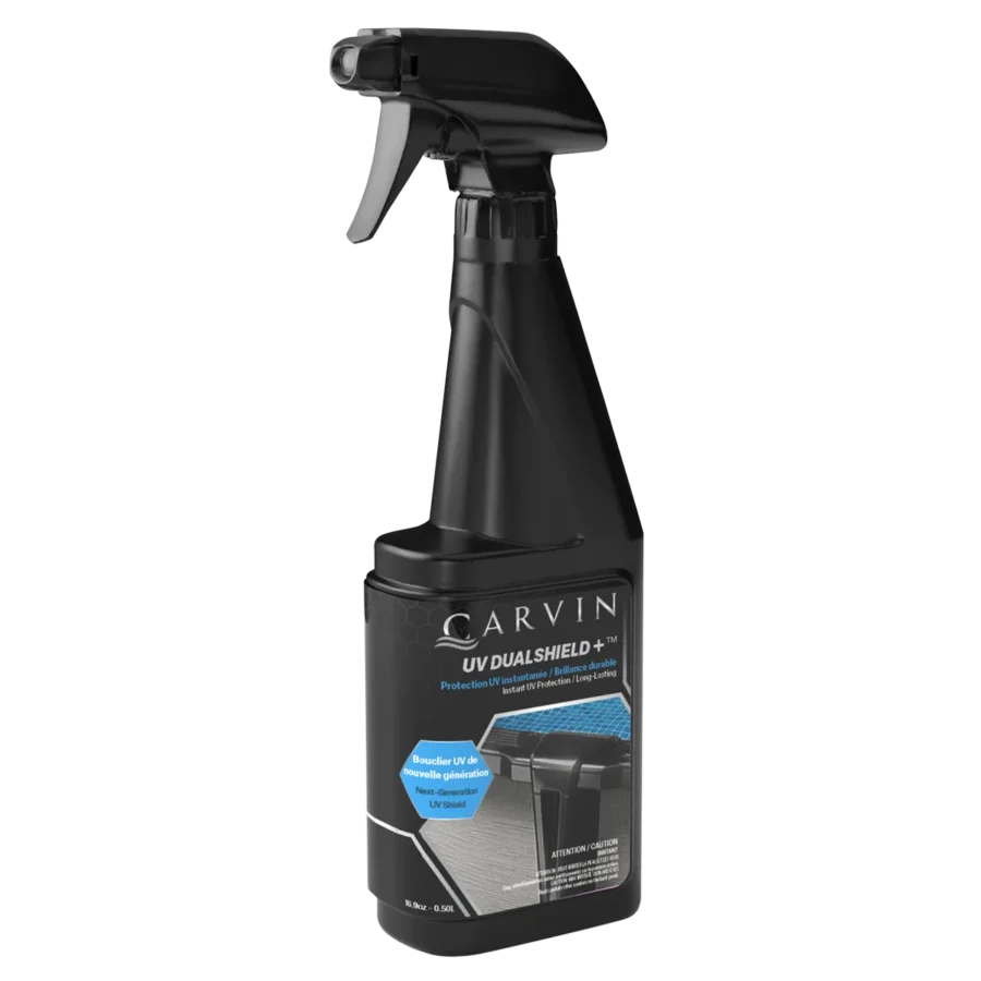 Carvin DualShield UV protectant spray bottle angled view for above ground pool surface protection
