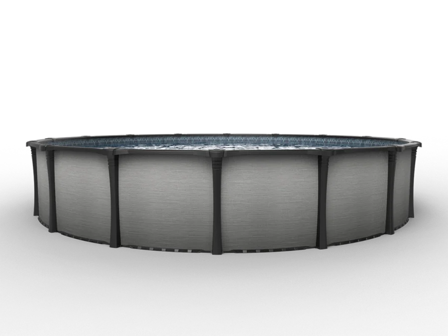 Carvin Gold Enigma round above-ground pool with brushed grey finish – piscine hors terre ronde à fini gris brossé