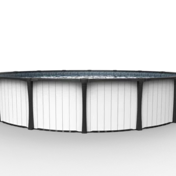 Carvin Gold Farmhouse round above-ground pool with vertical whitewashed slats finish – piscine hors terre ronde à fini lattes blanchies verticales