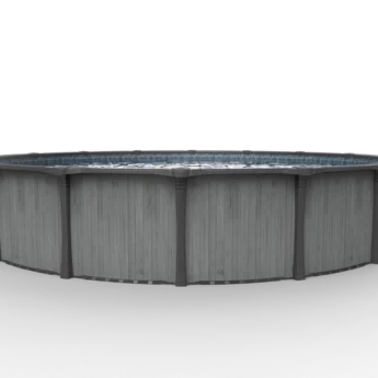“Carvin Gold Whitewood round above-ground pool with light grey woodgrain finish – piscine hors terre ronde à fini bois gris clair