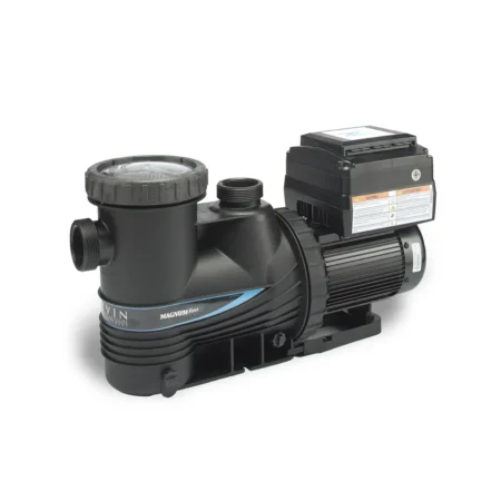 Angled front view of the Carvin Magnum Force V in-ground pool pump with strainer housing and motor
