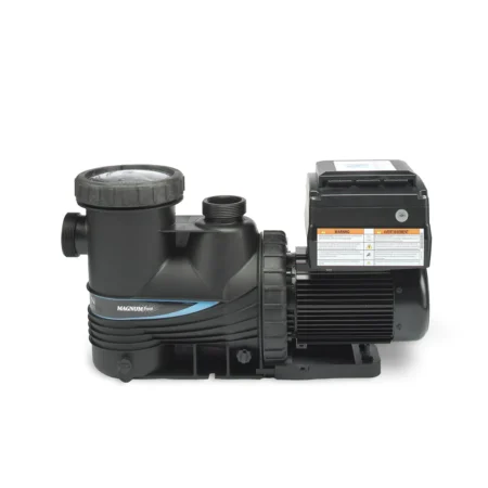 Side view of the Carvin Magnum Force V in-ground pool pump showing the strainer housing, motor, and Neptune controller