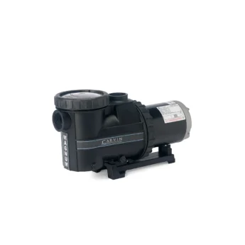 Angled front view of the Carvin Magnum in-ground pool pump showing the strainer lid, intake port, and motor housing