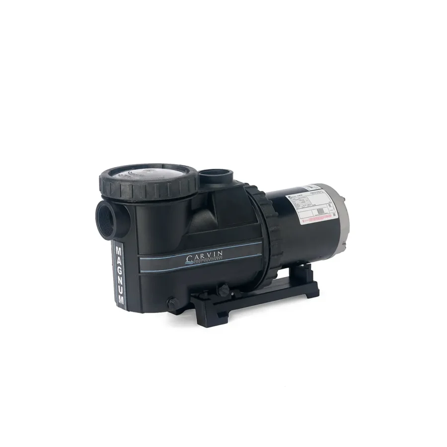 Angled front view of the Carvin Magnum in-ground pool pump showing the strainer lid, intake port, and motor housing
