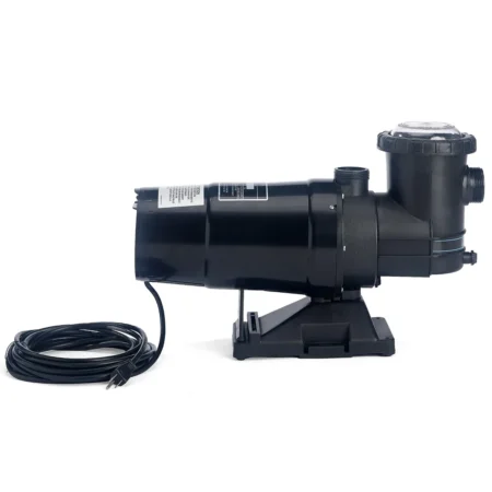 Side view of the Carvin Maxi above-ground pool pump showing the strainer housing, motor body, mounting base, and power cable