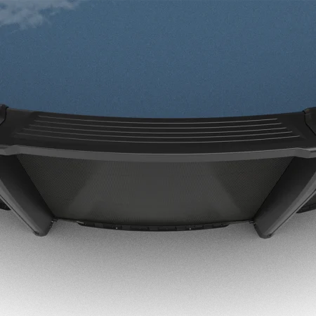 Overhead detail of the Carvin Noxx black above-ground pool showing a grooved top rail, connector caps, upright supports, and ribbed exterior wall.