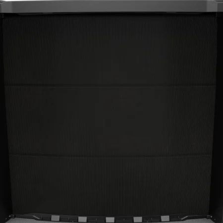Close-up of the Carvin Noxx black above-ground pool wall showing fine vertical ribbing between upright supports, with the top rail and bottom track visible.