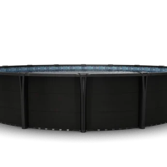 Front view of the Carvin Noxx black round above-ground pool showing exterior wall panels, upright supports, and a blue mosaic-pattern liner.