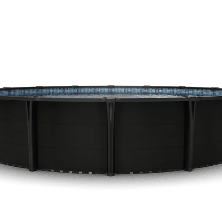Front view of the Carvin Noxx black round above-ground pool showing exterior wall panels, upright supports, and a blue mosaic-pattern liner.