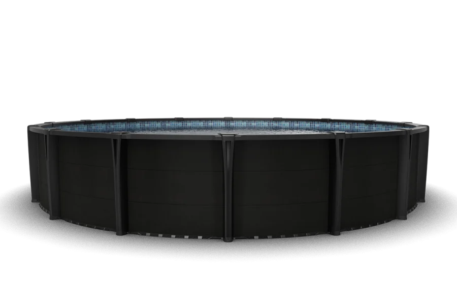 Front view of the Carvin Noxx black round above-ground pool showing exterior wall panels, upright supports, and a blue mosaic-pattern liner.