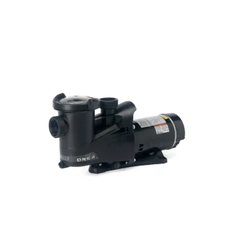 Angled front view of the Carvin Orka inground pool pump showing the strainer housing, front and top ports, transparent lid, motor assembly, and mounting base