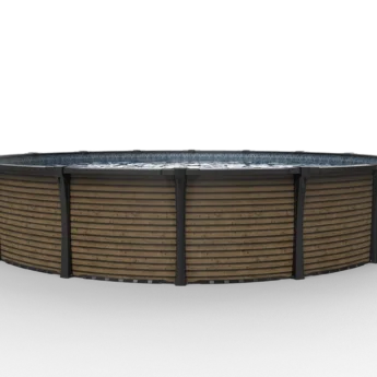 Carvin Platinum Madera Black round above-ground pool with brown wood finish and black structure – piscine hors terre ronde à fini bois brun avec structure noire