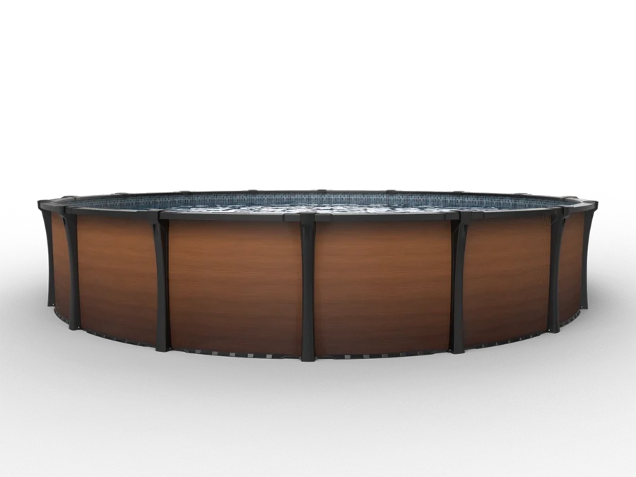 Carvin Platinum Tennessee round above-ground pool with mahogany wood finish – piscine hors terre ronde à fini bois acajou