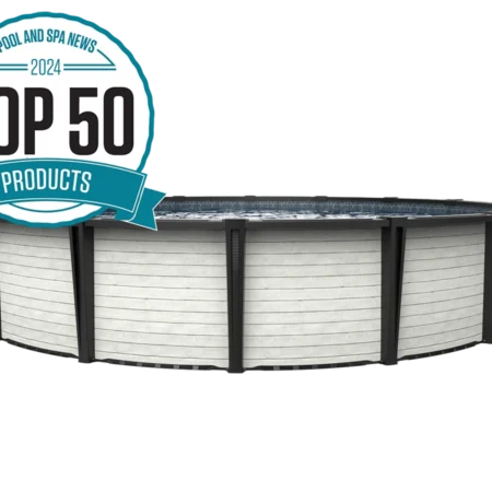 Carvin Ruby Lumina round above-ground pool with horizontal white wood slat finish, Pool & Spa News Top 50 Products 2024 award badge – piscine hors terre ronde à fini lattes de bois blanc horizontal avec insigne Top 50 Produits 2024