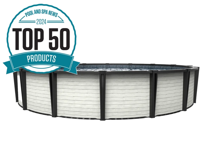 Carvin Ruby Lumina round above-ground pool with horizontal white wood slat finish, Pool & Spa News Top 50 Products 2024 award badge – piscine hors terre ronde à fini lattes de bois blanc horizontal avec insigne Top 50 Produits 2024