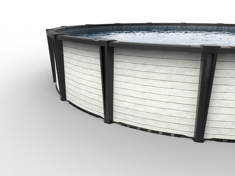 Carvin Ruby Lumina round above-ground pool with horizontal white wood slat finish, angled view – piscine hors terre ronde à fini lattes de bois blanc horizontal, vue en angle