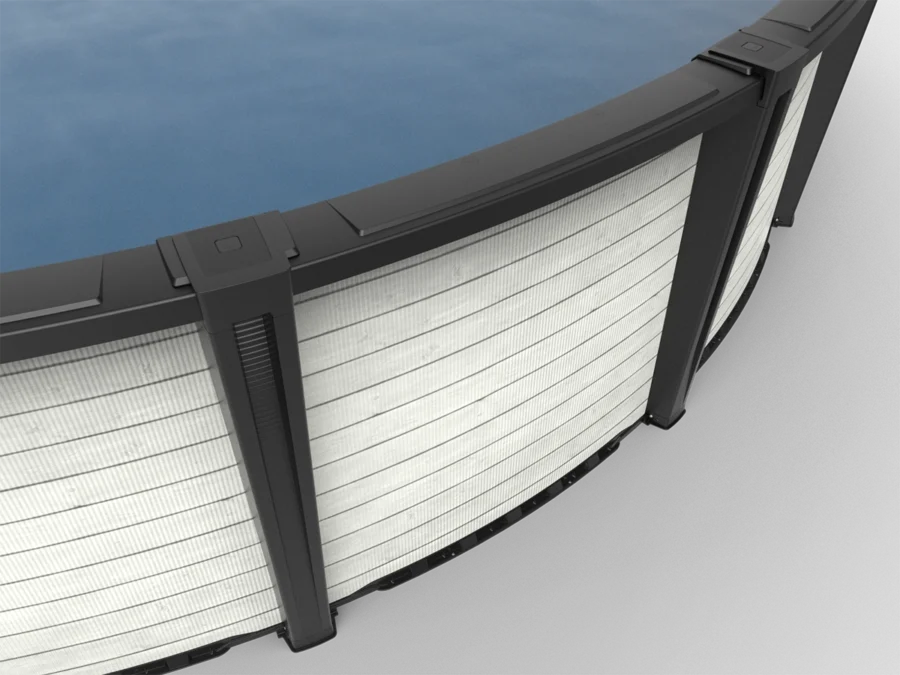 Carvin Ruby Lumina round above-ground pool with horizontal white wood slat finish, angled close-up view – piscine hors terre ronde à fini lattes de bois blanc horizontal, vue rapprochée en angle