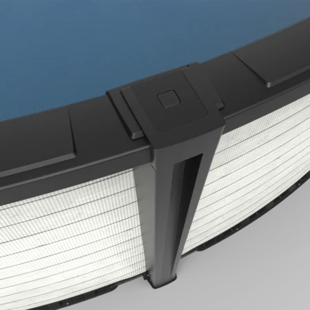 Carvin Ruby Lumina round above-ground pool with horizontal white wood slat finish, upright detail close-up – piscine hors terre ronde à fini lattes de bois blanc horizontal, gros plan sur le montant