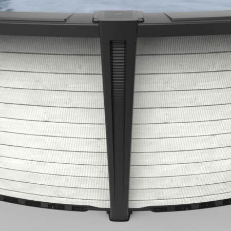 Carvin Ruby Lumina round above-ground pool with horizontal white wood slat finish, front close-up view – piscine hors terre ronde à fini lattes de bois blanc horizontal, gros plan frontal