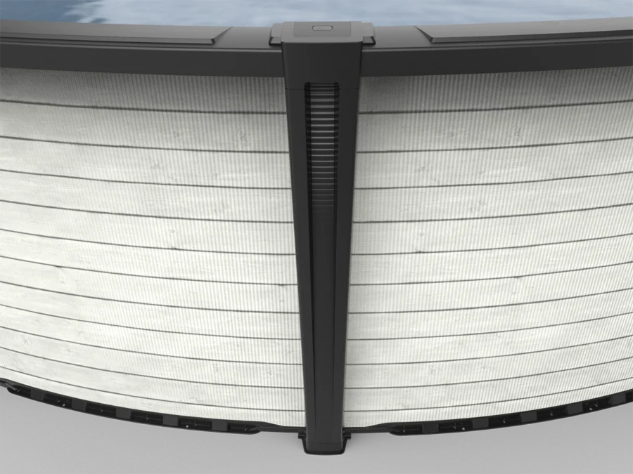 Carvin Ruby Lumina round above-ground pool with horizontal white wood slat finish, front close-up view – piscine hors terre ronde à fini lattes de bois blanc horizontal, gros plan frontal