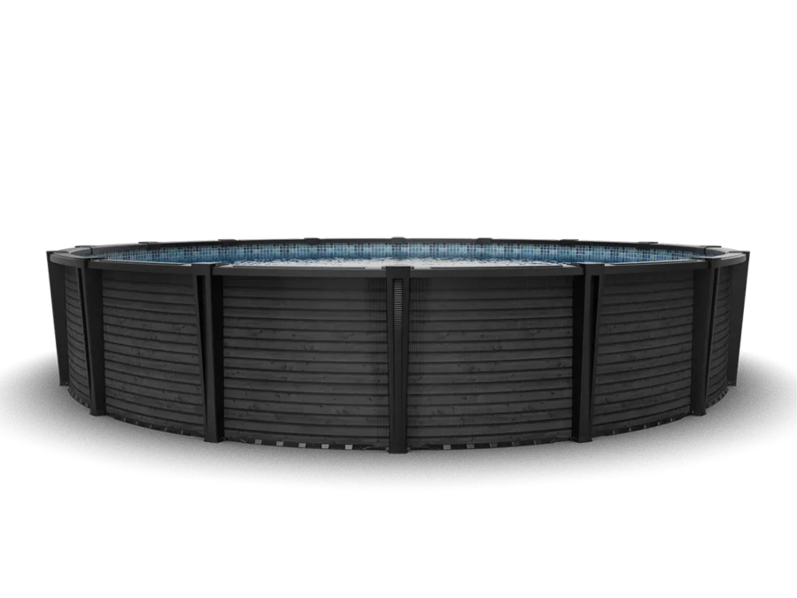 Pompeii Above Ground Pool | Piscine hors terre Pompeii - Round | Ronde Carvin Ruby Pompeii round above-ground pool with dark horizontal wood slats – piscine hors terre ronde Pompeii à lattes bois horizontales foncées