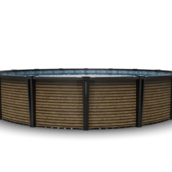 Carvin Ruby Toscana round above-ground pool with brown horizontal wood slats – piscine hors terre ronde Toscana à lattes bois horizontales brunes