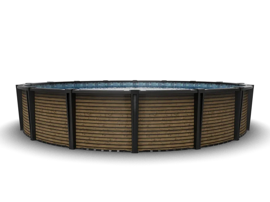 Toscana Above Ground Pool | Piscine hors terre Toscana - Round | Ronde Carvin Ruby Toscana round above-ground pool with brown horizontal wood slats – piscine hors terre ronde Toscana à lattes bois horizontales brunes