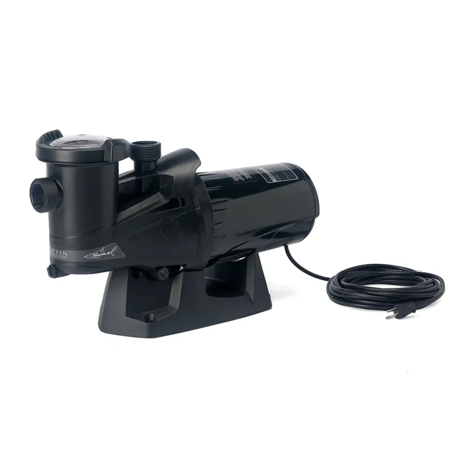 Angled front view of the Carvin SharkJet Canada inground pool pump showing the strainer housing, inlet and outlet ports, motor housing, and attached power cord