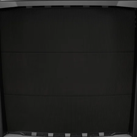 Close-up of the Carvin Sorrento black above-ground pool wall showing vertical ribbing, upright supports, and the top rail.