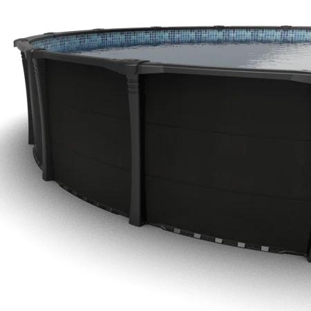 Angled close-up of the Carvin Sorrento black round above-ground pool showing wall panels, vertical supports, top rails, and blue mosaic-pattern liner.