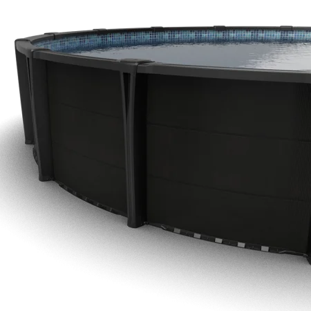 Angled close-up of the Carvin Sorrento black round above-ground pool showing wall panels, vertical supports, top rails, and blue mosaic-pattern liner.