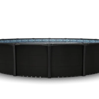 Carvin Sorrento round above-ground pool in black, viewed from the front, with a blue mosaic-pattern liner.