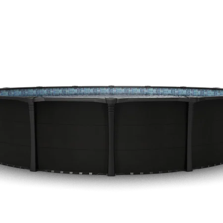 Carvin Sorrento round above-ground pool in black, viewed from the front, with a blue mosaic-pattern liner.