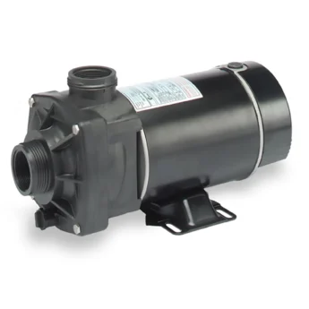 Angled front view of the Carvin Stingray above-ground pool pump showing the threaded inlet port, reinforced housing, motor casing, and mounting base