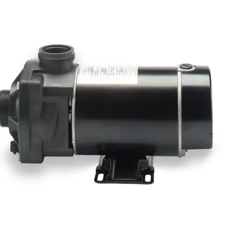 Side view of the Carvin Stingray above-ground pool pump showing the motor housing, threaded inlet and outlet ports, rear-mounted power switch, and mounting base